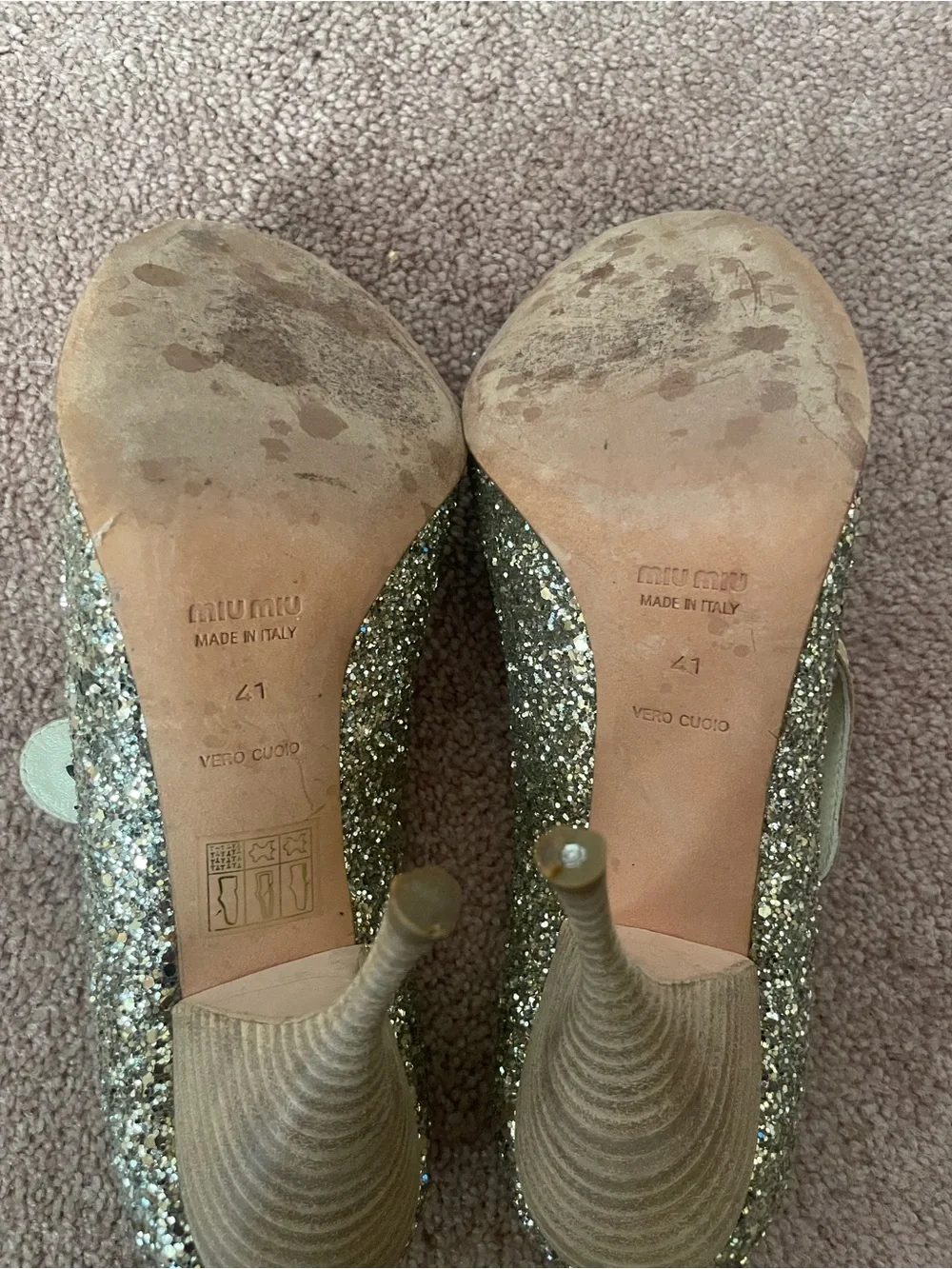 Miu Miu Glitter Peep-Toe Mary Jane Women's Shoes - Gold